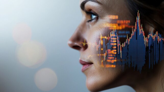 A woman's face is shown with a city skyline in the background