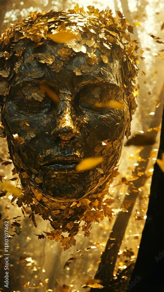 Poster golden sculpture with delicate floral elements surrounded by shimmering particles in an artistic dis