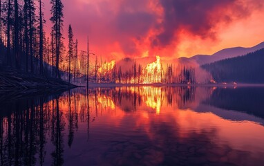 Obraz premium A wildfire reflection in a calm lake, showing both destruction and natures resilience