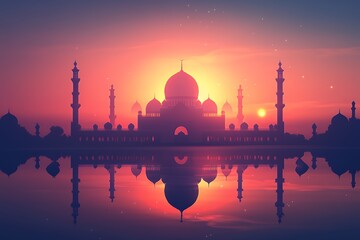 Fototapeta premium Majestic Mosque Silhouette at Sunset Reflecting in Water
