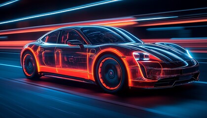 Obraz premium A futuristic car illuminated with neon lights, showcasing speed and innovation.
