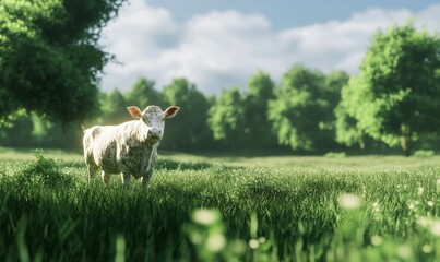 Fototapeta premium Cow in the meadow of an organic farm, grass feed, organic.