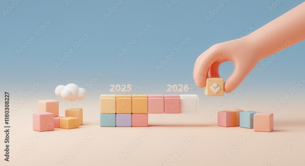 Poster hand arranging colorful blocks for 2026 goals and progress visualization