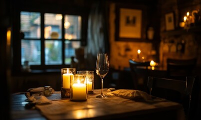 Cozy ambiance with lit candles on table, dimly lit room, comfortable setting, warmth and relaxation.