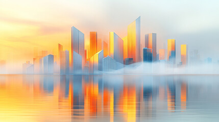 Futuristic abstract cityscape with glowing geometric structures in white gold and silver tones evoking innovation progress and modernity light bright ambiance with blurred background and blank caption