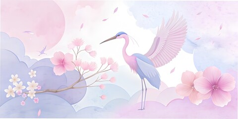 Naklejka premium Delicate pink heron gracefully stands amid soft pastel clouds and blooming cherry blossoms in a serene dreamy landscape