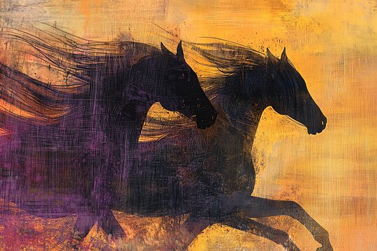 Graceful silhouette of two horses running side by side, wind-blown manes, sunset atmosphere
