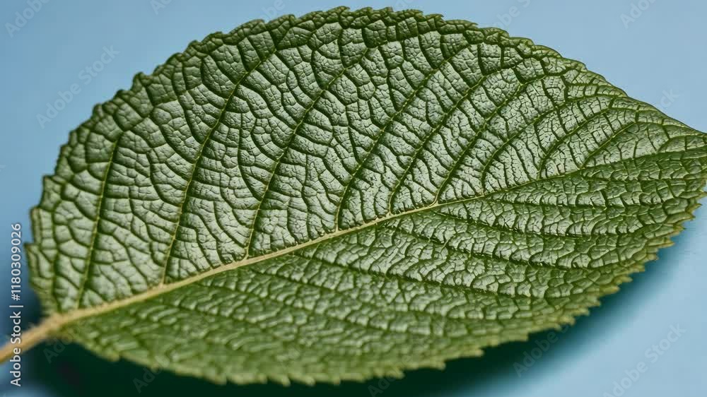 Poster detailed close-up of a green leaf showing intricate textures and patterns against a blue background