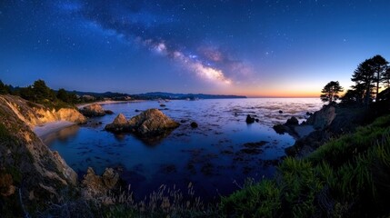 A beautiful night sky with a large body of water in the background