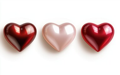 Fototapeta premium A bright white background with three-dimensional floating hearts in various shades of red and pink for Saint Valentines Day