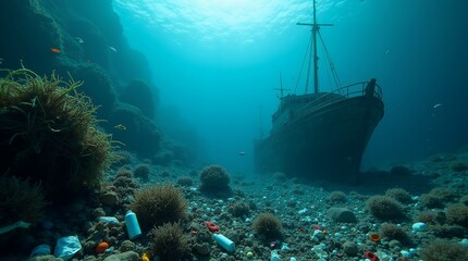Fototapeta premium Sunken Shipwreck in a Polluted Ocean