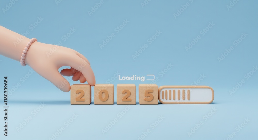 Poster hand arranging wooden blocks with 2025 next to a loading bar on blue background