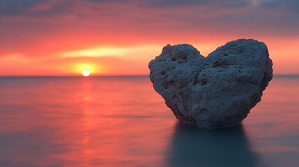 Heart-shaped rock formation by the sea in a serene coastal landscape symbolizing love unity and connection with soft waves and a calming horizon suggesting timeless romance and peaceful solitude

