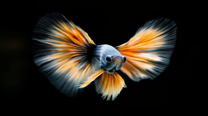 Obraz premium A fish with orange and black fins is flying through the air