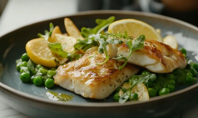 Crispy Fish and Chips with Lemon and Peas
