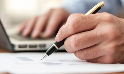 Close-up of a businessman's hand reviewing an accounting chart document. Businessman working at an office desk.