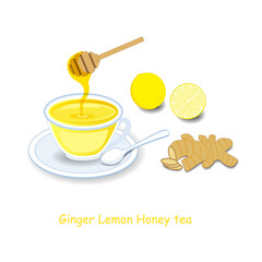 Ginger lemon honey tea served in cup and saucer. EPS 10 file contains blends, gradients and transparency. 