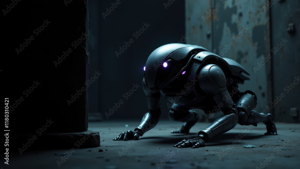 Poster an advanced ai robot standing on a metal floor in an industrial setting with a mysterious atmosphere