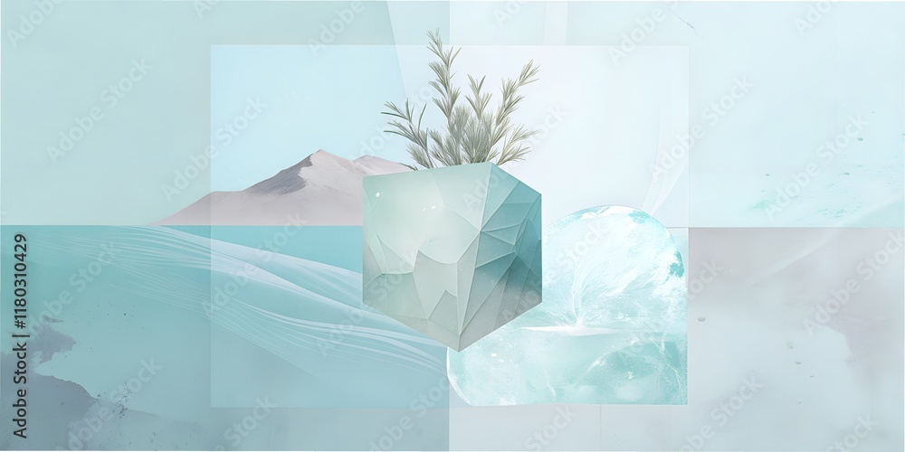 Poster creative fusion of nature and abstract elements forming a tranquil landscape of pastel hues and geom
