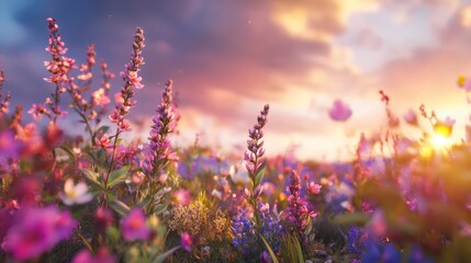 Naklejka premium Lavender field at sunset with blooming flowers in purple, violet, and pink hues