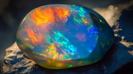 A mesmerizing opal glows with fiery colors, its surface reflecting a spectrum of blues, greens, and reds, captivating the eye with its radiant brilliance.
