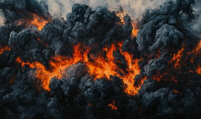 Dark, intense clouds of smoke and flames over fiery destruction