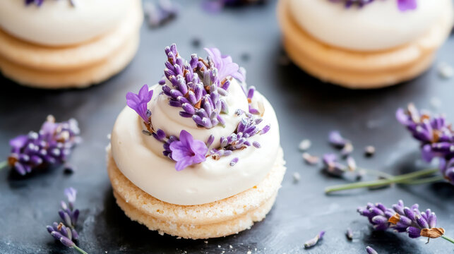 Delightful lavender desserts arranged artfully with a touch of nature, evoking a sense of elegant sweetness - Powered by Adobe
