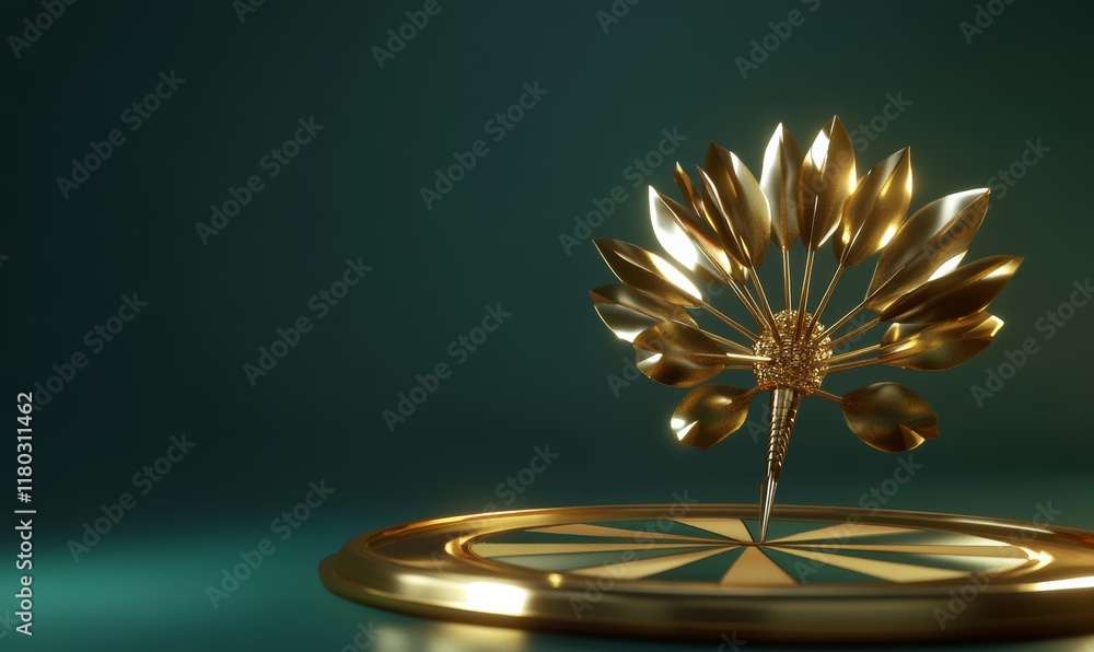 Poster darts, a golden dart stuck in a target. dartboard is the target and goal. business getting into the 