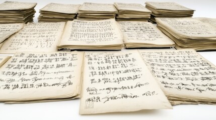 Stacked antique manuscripts on white surface.