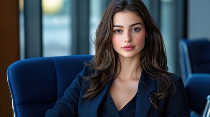 Fototapeta premium A woman in a blue suit sits in a chair