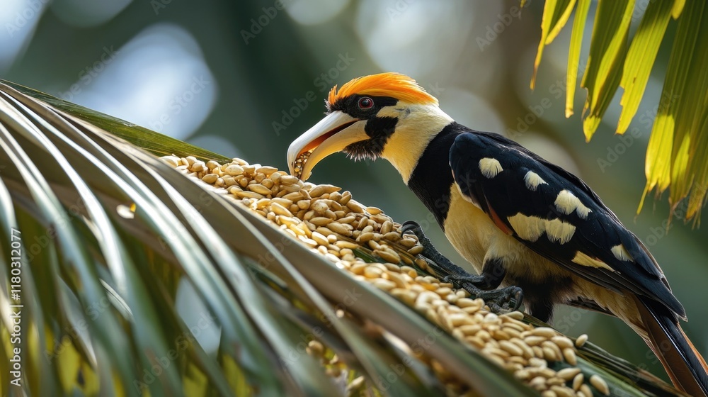 Poster a colorful bird eats seeds from a palm tree branch, in a natural setting