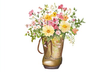 Fototapeta premium A worn leather boot decorated with colorful flowers