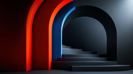 A black and red archway with blue steps leading to a dark room
