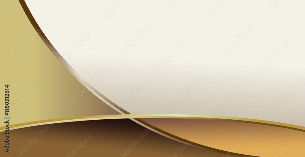 Poster composition of empty space, curved lines and geometric abstract fields with gradations of gold, brow