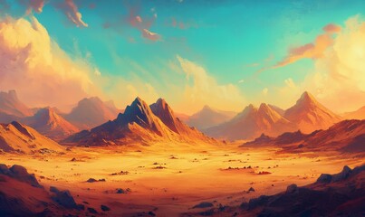 Naklejka premium Desert landscape with mountains in the background. The sky is a mix of blue and orange