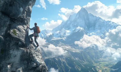 Determined rock climber mid-climb on a steep cliff, with breathtaking mountain scenery in the background, exuding strength and focus, .
