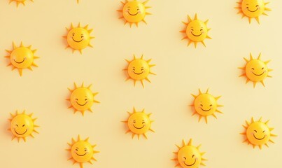 Digital art with smiling yellow sun faces on a light yellow background. Happy and uplifting visual for positive emotions, sunshine, or seasonal design