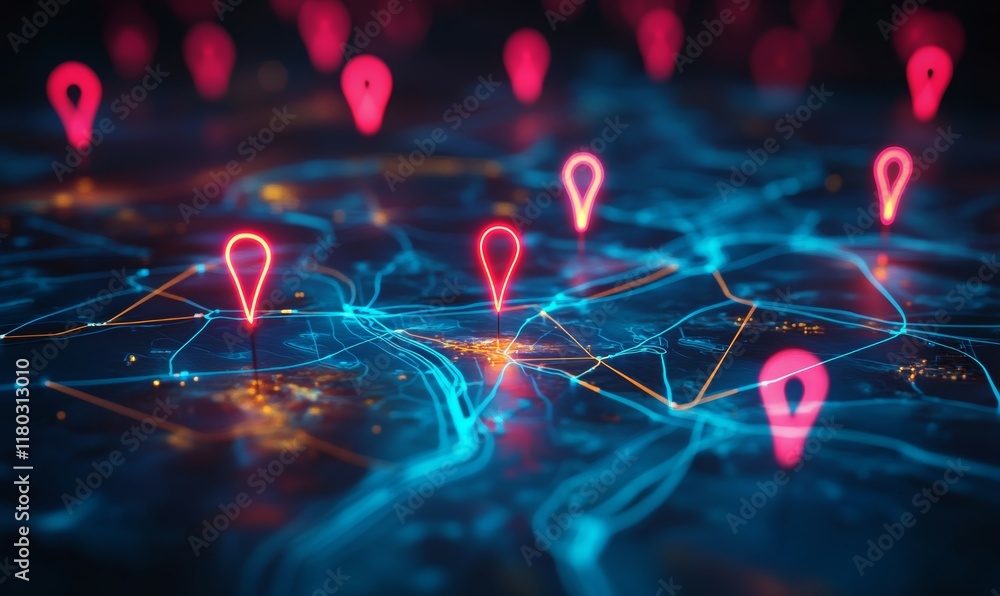 Poster digital map with glowing location pins and interconnected lines