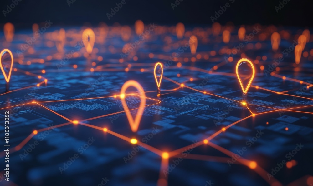 Poster digital map with glowing location pins and interconnected lines