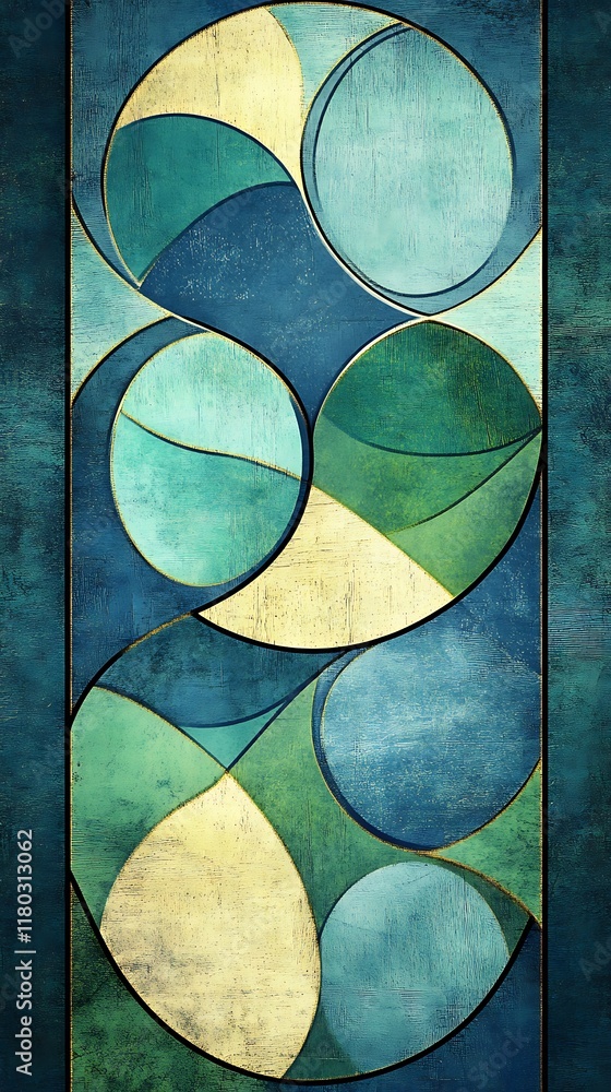 Poster a geometric background with green and golden circular shapes and elegant patterns