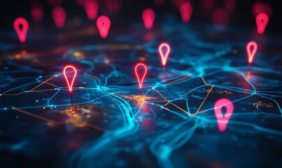 Digital map with glowing location pins and interconnected lines