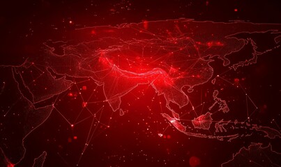 Digital representation of Asia in red tones, symbolizing technology and cyber defense. intricate network