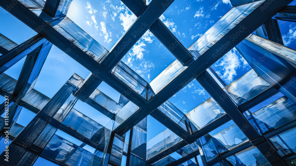 Poster blue sky with a few clouds and a building with a lot of windows.
