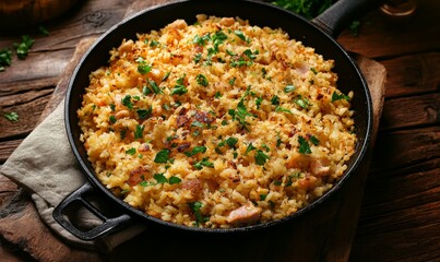 Dish in a frying pan fried weighs, view from above,
