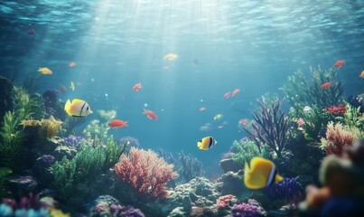 Obraz premium Diverse marine life on coral reef underwater.