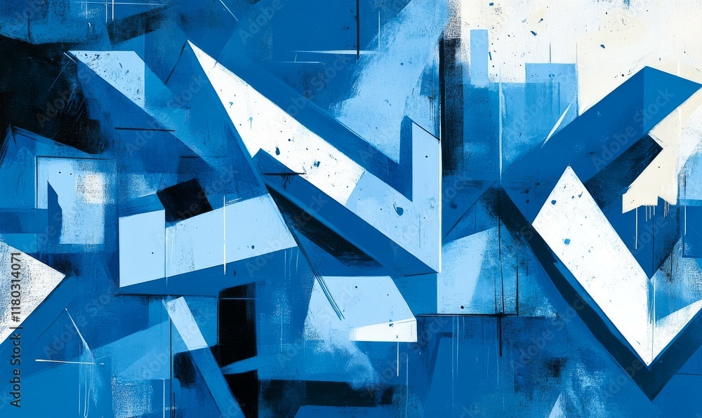 Poster modern geometric background in blue with sharp, angular shapes.