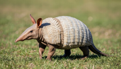 A curious armadillo with its distinctive armored shell, walking across a grassy field under the warm sunlight, capturing the unique beauty and charm of this unusual creature in its natural habitat
