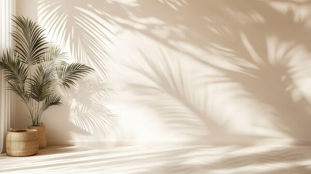 Palm leaf shadows on white wall and cream pastel floor. Abstract background of shadows palm leaves for creative summer mock-up. Neutral tropical palm mockup on light backdrop. Vertical