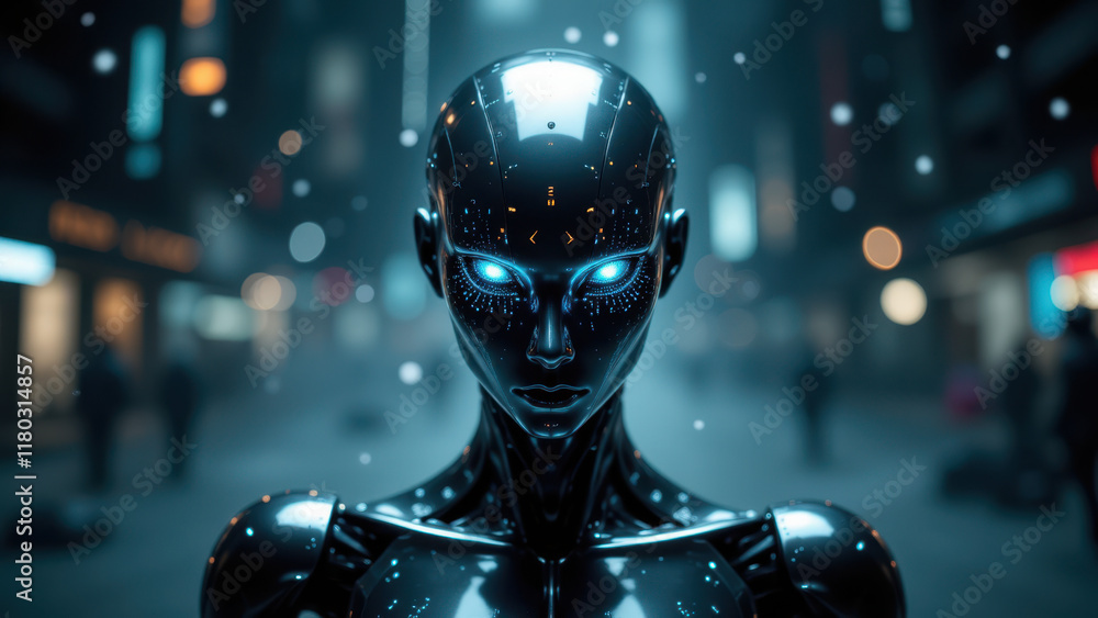 Poster intelligent robot with advanced technology in futuristic setting.