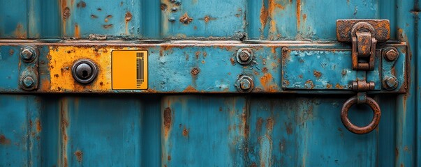 Cargo Concetp. Rusty blue door with a yellow lock and weathered metal details.